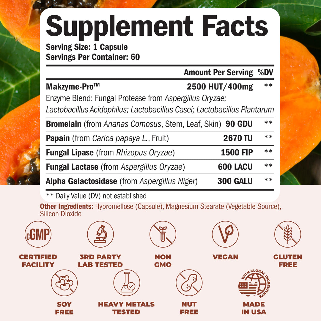 Digestive Enzymes - Probiotic Multi Enzyme (Enzimas Digestivas) - Digestive Supplements with Unique Makzyme-Pro Formula - Advanced Enzymes for Digestion, Bowel Movements &amp; Nutrient Absorption. 60 Caps