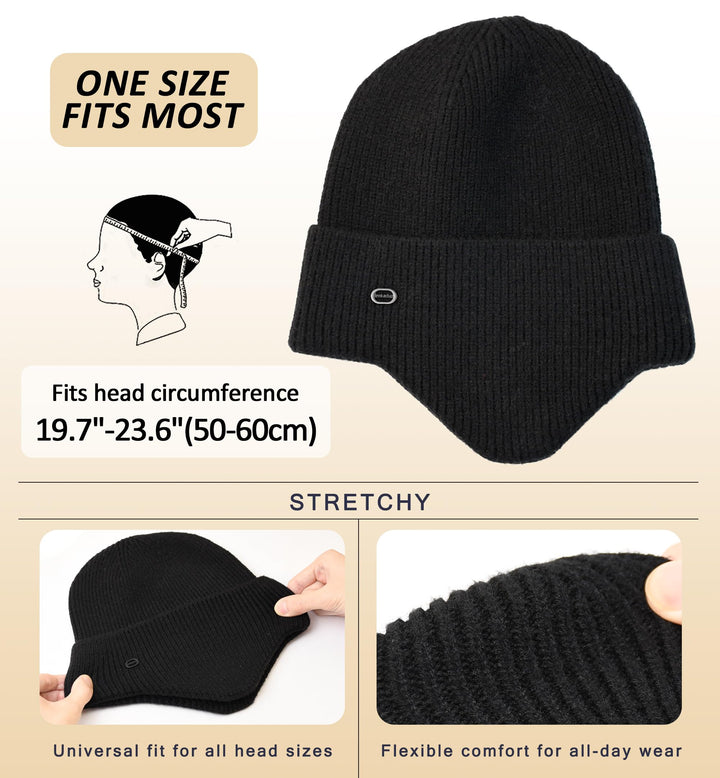 Knit Beanie Winter Hats Ear Covers for Men Women Kids-Warm Daily Headwear (Black)
