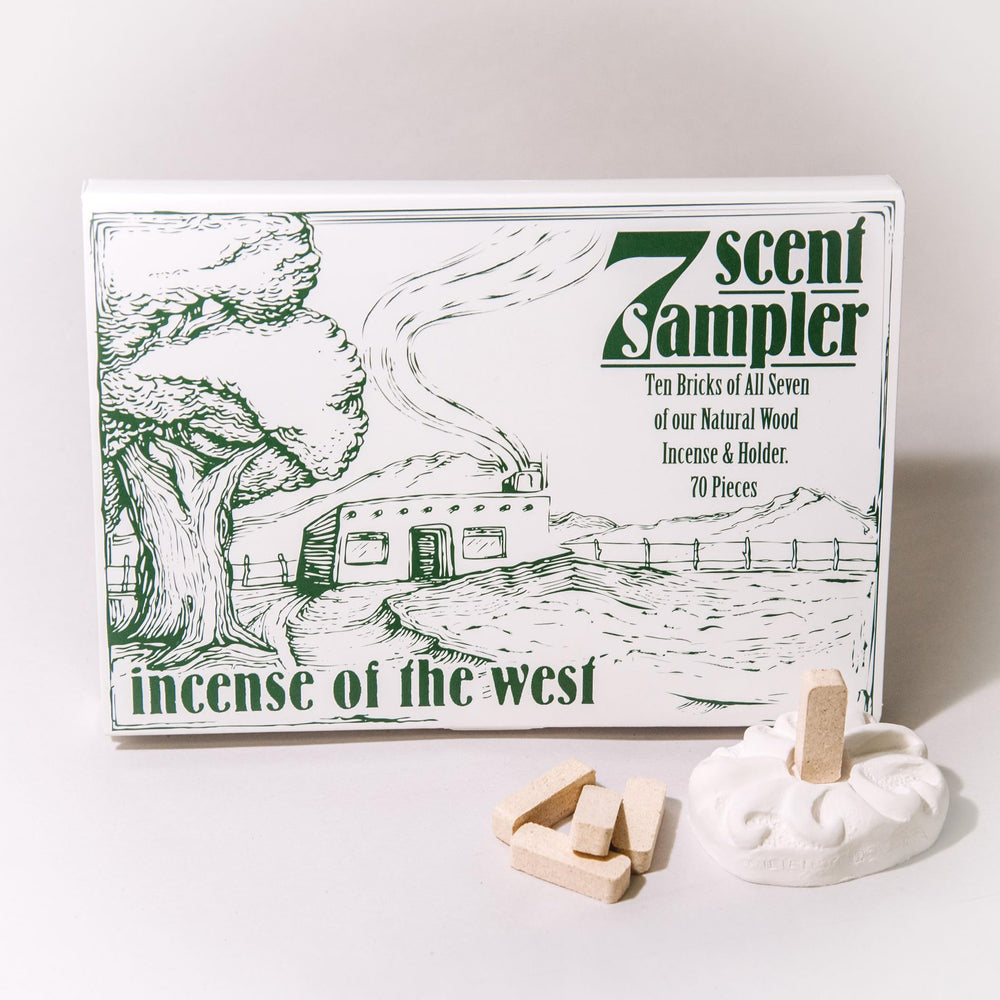 - 7 Scent Sampler Natural Wood Incense with Burner, Includes Piñon, Cedar, Juniper, Hickory, Alder, Mesquite, and Fir Balsam (70 Bricks) - Made in The USA