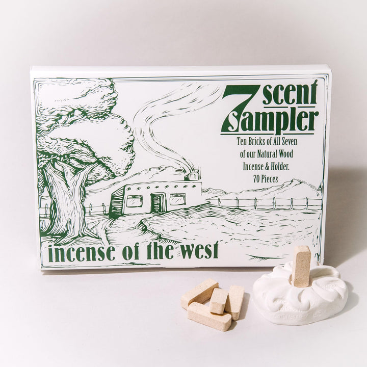 - 7 Scent Sampler Natural Wood Incense with Burner, Includes Piñon, Cedar, Juniper, Hickory, Alder, Mesquite, and Fir Balsam (70 Bricks) - Made in The USA