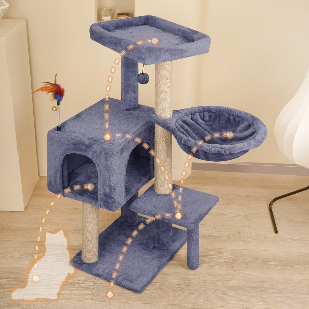 35.4&#39;&#39; Multifunction Cat Tree with Cozy Hammock &amp; Hanging Ball, Cat Tower with Activity Cat Condo &amp; Jute-Covered Scratching Posts, Grey