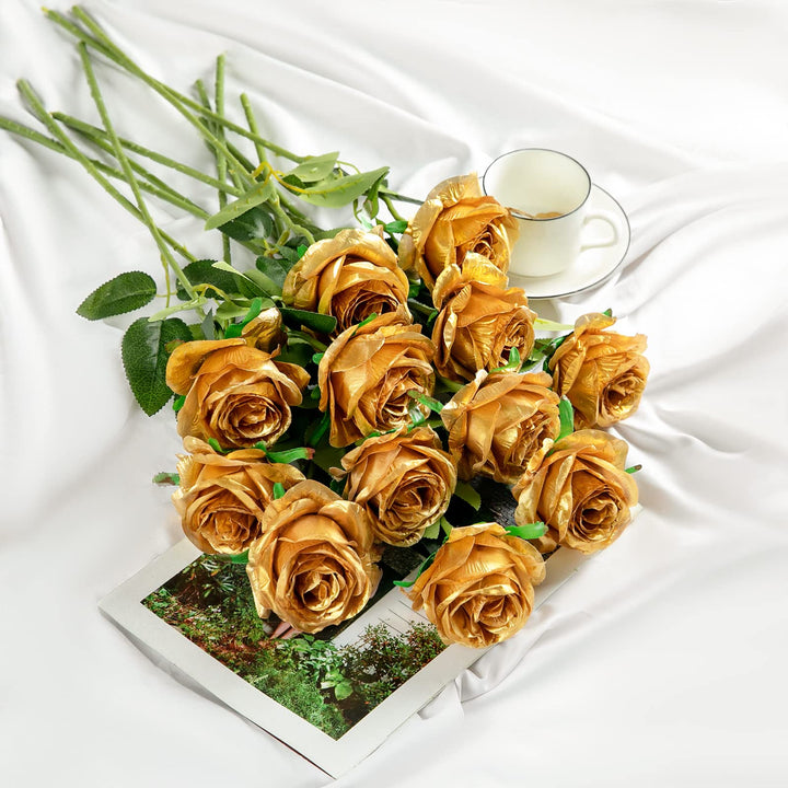 12PCS Artificial Silk Flowers Realistic Roses Bouquet Long Stem for Home Wedding Decoration Party (Gold-1)