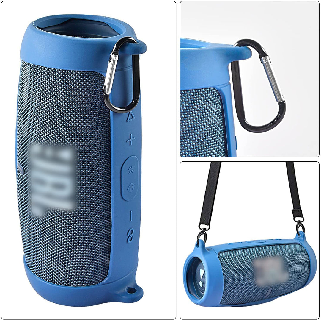 Silicone Case Cover for JBL Charge 5 Waterproof Portable Bluetooth Speaker, Travel Carrying Protective Gel Soft Skin, Waterproof Rubber Pouch with Shoulder Strap and Carabiner - Blue