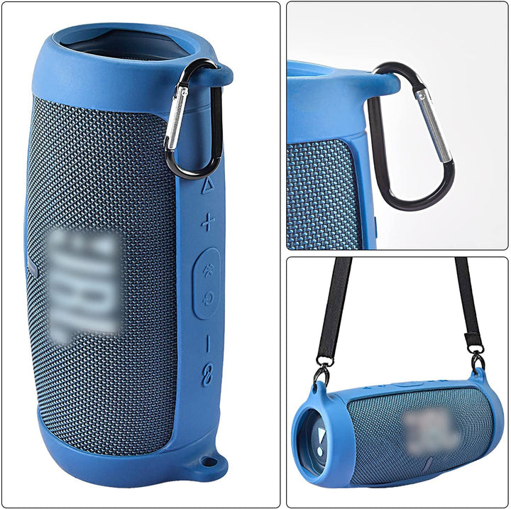 Silicone Case Cover for JBL Charge 5 Waterproof Portable Bluetooth Speaker, Travel Carrying Protective Gel Soft Skin, Waterproof Rubber Pouch with Shoulder Strap and Carabiner - Blue