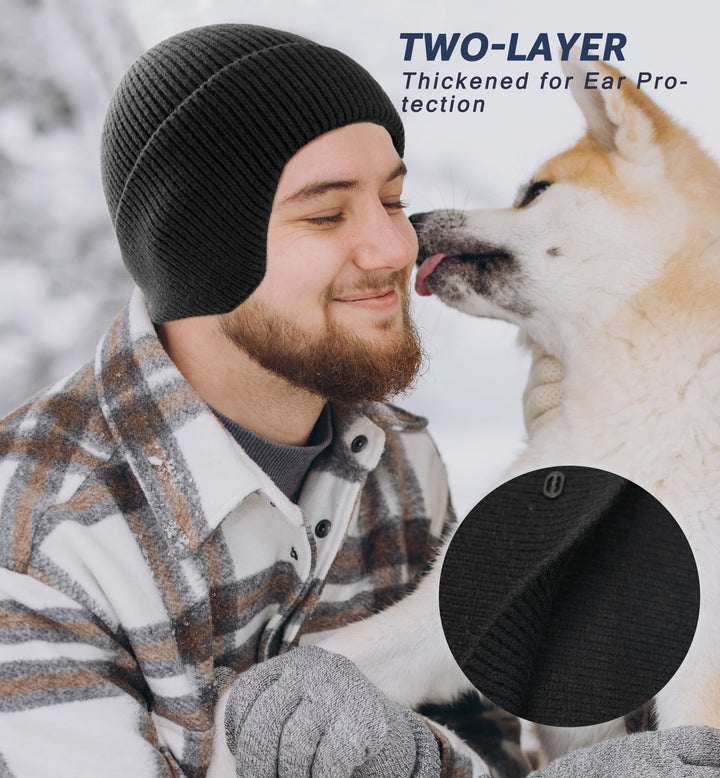 Knit Beanie Winter Hats Ear Covers for Men Women Kids-Warm Daily Headwear (Black)