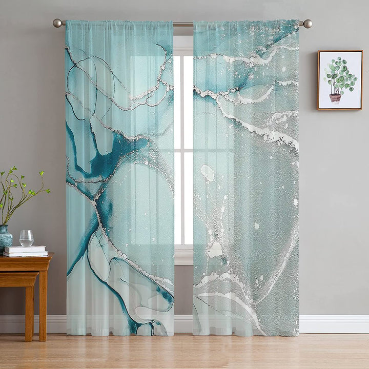 Marble Sheer Curtains 72 Inch Length 2 Panels Set, Green Aqua Marble Agate Semi Transparent Voile Rod Pocket Curtains for Living Dining Room Bedroom Drapes