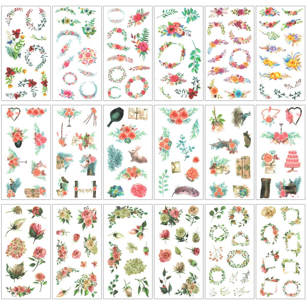 Washi Stickers Sets for Scrapbooking, DIY Crafts for Stationery, Diary, Card Making, (18 Sheets) Flowers and Wreaths
