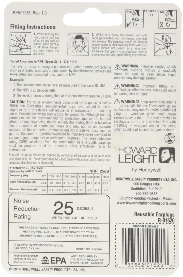Howard Leight by Honeywell SmartFit Corded Reusable Shooting Earplugs, 2-Pairs (R-01520), Orange With Blue