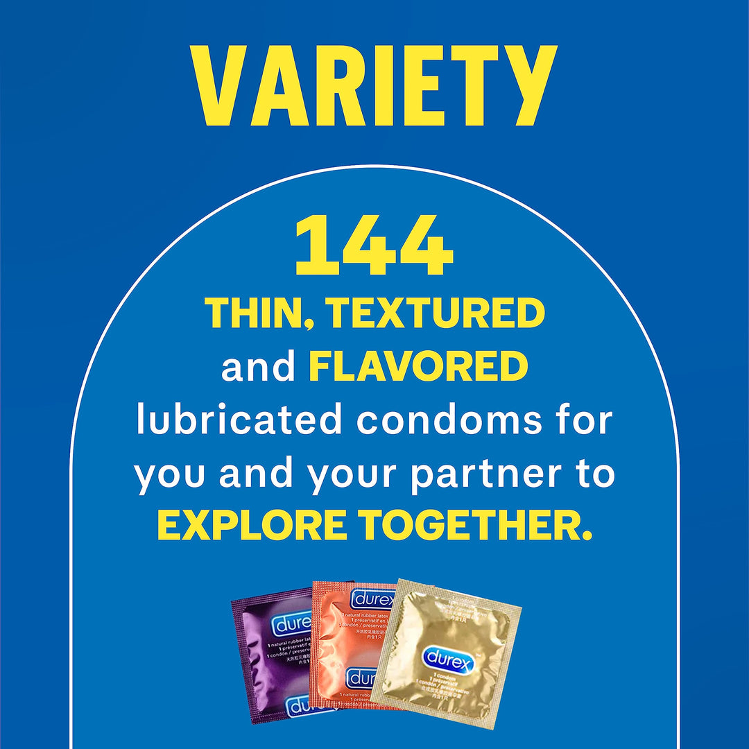 Durex Condom Fish Bowl Natural Rubber Latex Bulk Condoms, 144 Count, a Variety Pack Assortment of Ultra Fine & Lubricated Condoms for Men