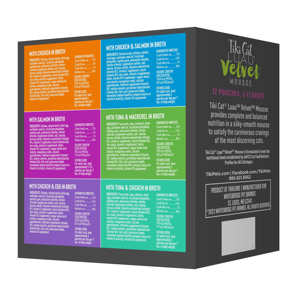 Tiki Cat Velvet Mousse, Protein Blend in Broth Variety Pack, Complete Nutrition for Balanced Diet, Wet Cat Food For All Life Stages, 2.8 oz. Pouch (Pack of 12)