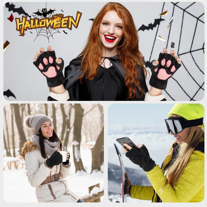 Cat Claw Bear Paw Fingerless Winter Plush Gloves 1*Pair(Black)