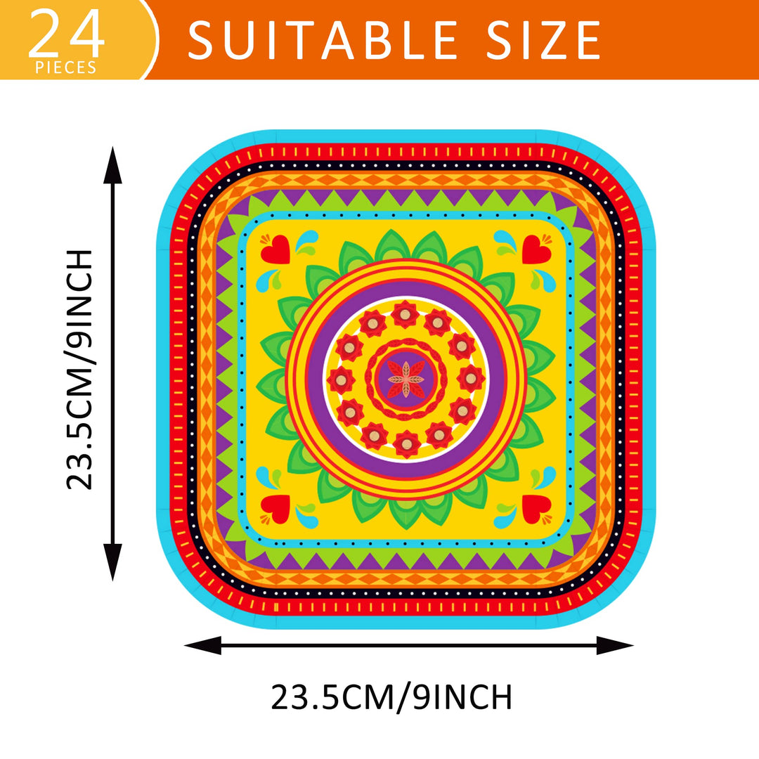 24 Pack 9 Mexican Fiesta Dessert Paper Plates Mexico Cactus Colorful Square Disposable Dinner Party Plates Set Mexican Fiesta Theme Paper Plates Baby Shower Birthday Party Supplies
