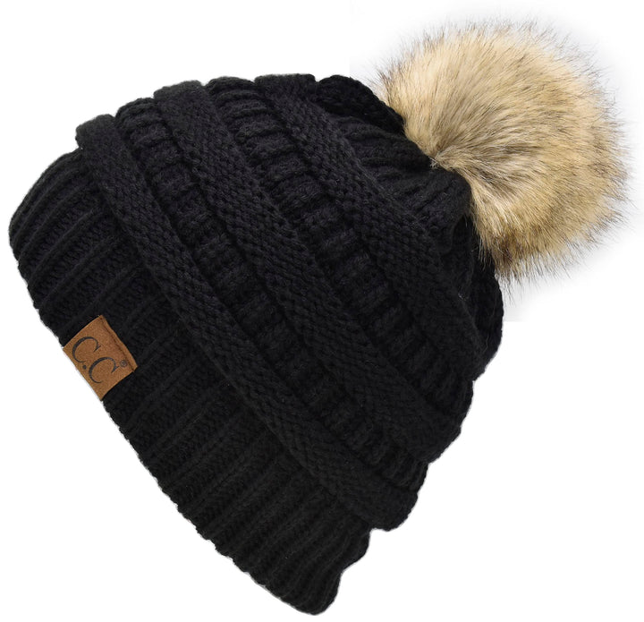 Trendy Fuzzy Sherpa Fleece Lined Warm Soft Stretch Cable Knit Faux Fur Pom Pom Skull Cap Cuff Beanie Hat, Black