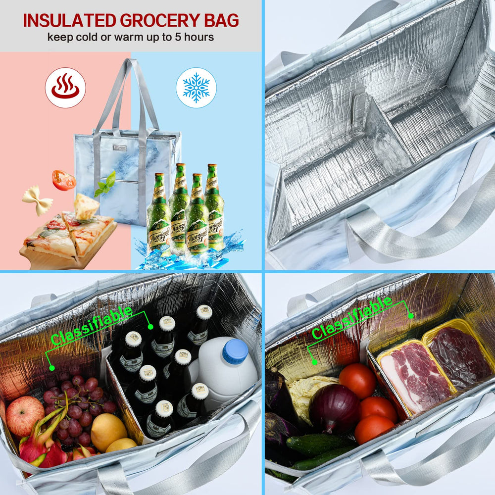 Insulated Grocery Bags With Zippered Top, Reusable Shopping Tote Cooler Bag Large Stand Up Food Carrier Delivery For Groceries Thermal Hot Or Cold Frozen Foods For Camping Travel xl 1Pack