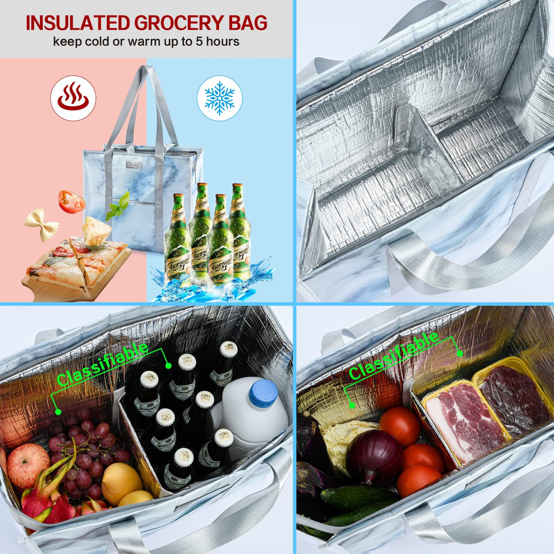 Insulated Grocery Bags With Zippered Top, Reusable Shopping Tote Cooler Bag Large Stand Up Food Carrier Delivery For Groceries Thermal Hot Or Cold Frozen Foods For Camping Travel xl 1Pack