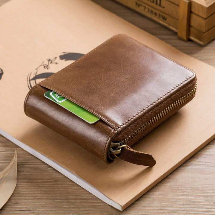 Men’s Genuine Leather Wallet,RFID Blocking Zip Around Bifold Multi Purse Cowhide Leather Vintage Secure Card Holder with ID Window (Brown)