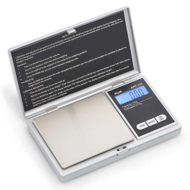 American Weigh Scales Series Digital Pocket Weight Scale Backlit LCD Stainless-Steel Surface 100g x 0.01g, (Silver), AWS-100-SIL