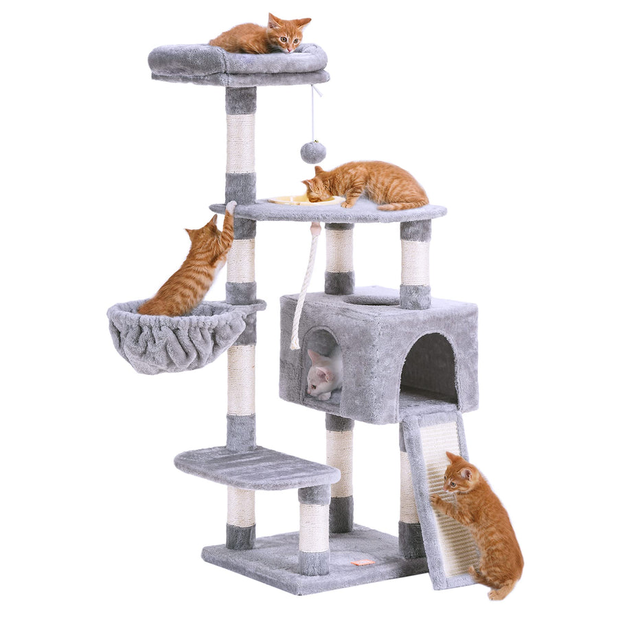 Cat Tree, Cat Tower for Indoor Cats with Scratching Board, Multi-Level Cat Furniture Condo with Feeding BowlLight Gray HCT010W