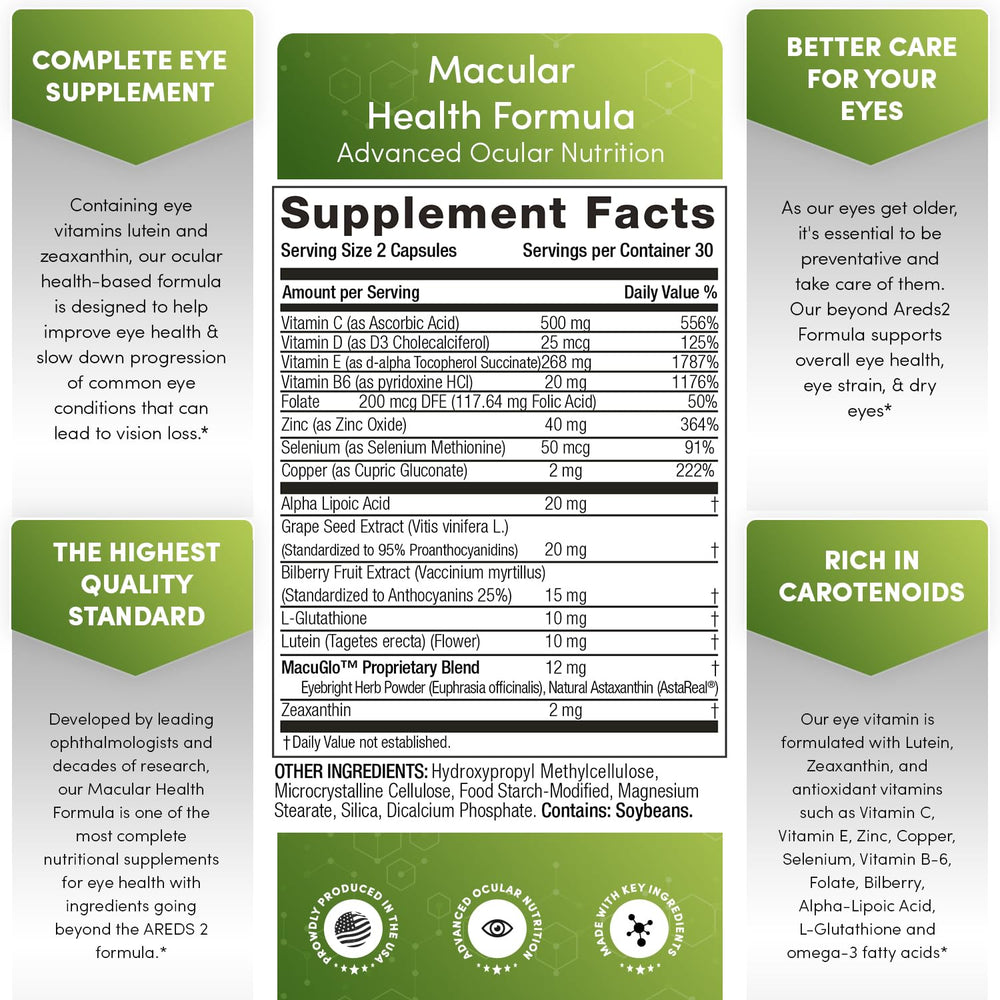 Macular Health Beyond AREDS2 Formula, Advanced Ocular Vitamin - Containing Lutein, Zeaxanthin, Bilberry, and Vitamins C, D, E, and B6 (30 Day Supply)