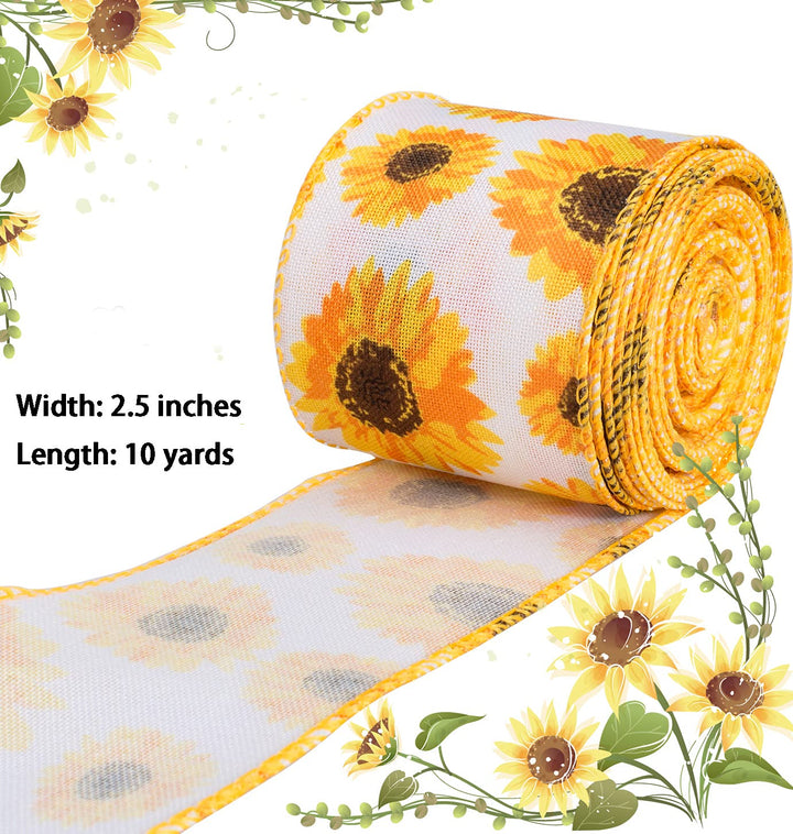 Sunflower Wired Ribbon, Flower Sunflower Ribbon for Spring Summer Autumn Wreath, Wrapping and Home Decoration, 10 Yards by 2.5 Inches (Style 1)