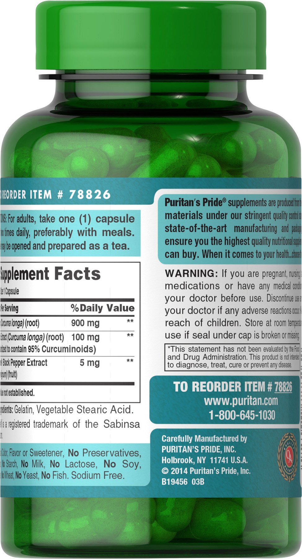 Puritan's Pride Turmeric Curcumin 1,000mg, Standari