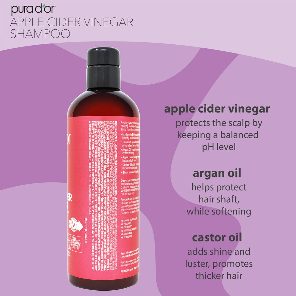 PURA D'OR Apple Cider Vinegar Thin2Thick Shampoo With Biotin, Castor Oil - All Hair Types, Men & Women, 16 Fl Oz