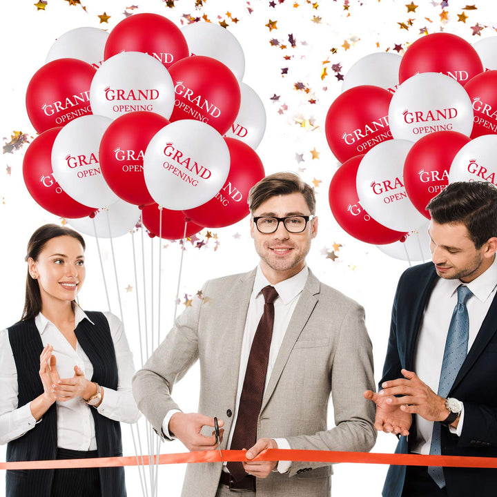 60 Pieces Grand Opening Balloons 12 Inch Double Side Celebrate Business Latex Balloons with 3 Pieces White Balloon Ribbons for Ceremony Decoration