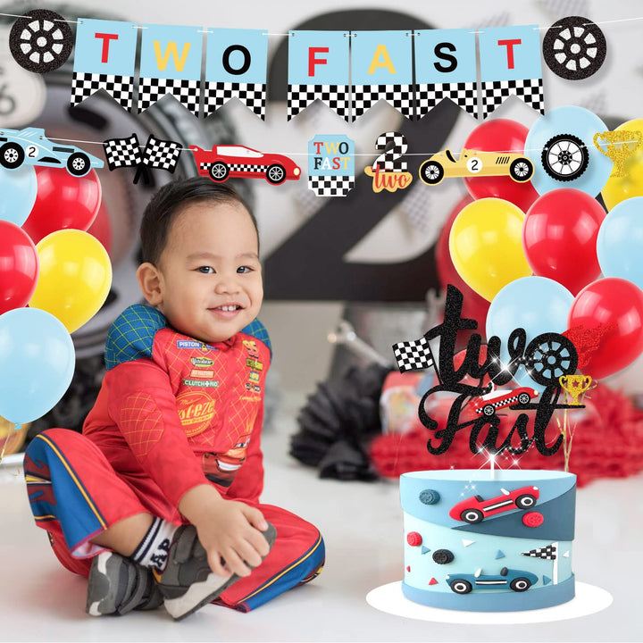 Race Car Two Fast Party Decorations Supplies Racing Theme 2nd Birthday Party Banner Race Car Second Birthday Cake Topper Checkered Flags Balloons for Let&#39;s go Racing Theme Sports Event Party Supplies