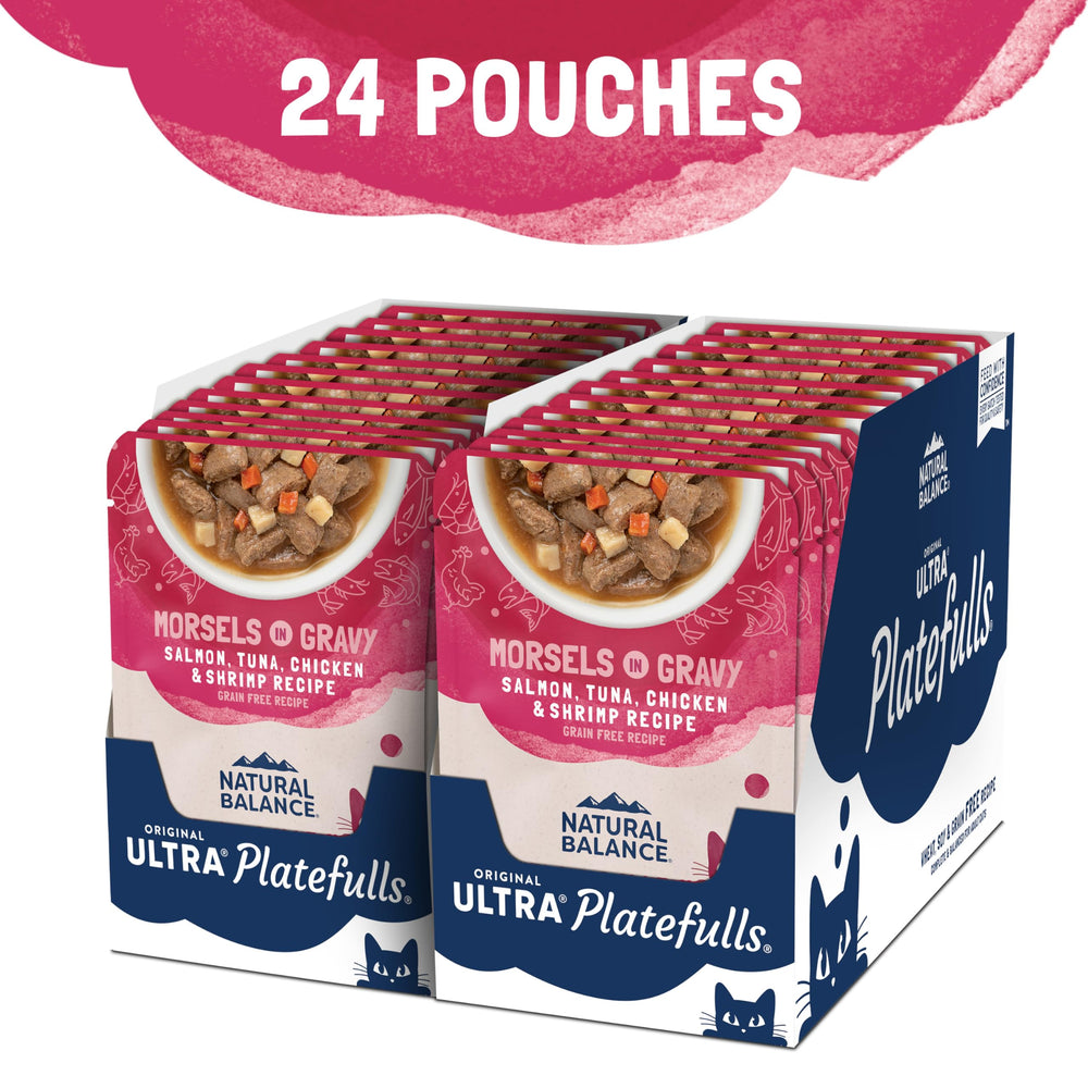 Original Ultra Platefulls Indoor Adult Grain Free Wet Cat Food, Salmon, Tune, Chicken & Shrimp Recipe, 3 Ounce Pouch (Pack of 24)
