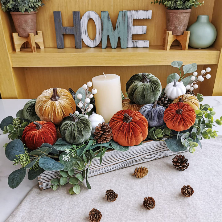 16 Pcs Assorted Small Faux Rustic Harvest Velvet Pumpkins Decorative Rust Orange Gold Olive Gray Fabric Pumpkins Foam Pumpkins Farmhouse Fall Thanksgiving Halloween Table Centerpiece Decor