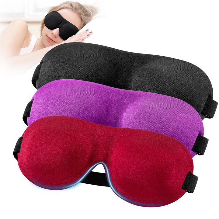 Sleep Mask, 3 Pack Lightweight Comfortable Super Soft Large Adjustable 3D Contoured Eye Masks For Sleeping, Travel, Shift Work, Naps, Night Blindfold Eyeshade For Men Women (Black Red Purple)