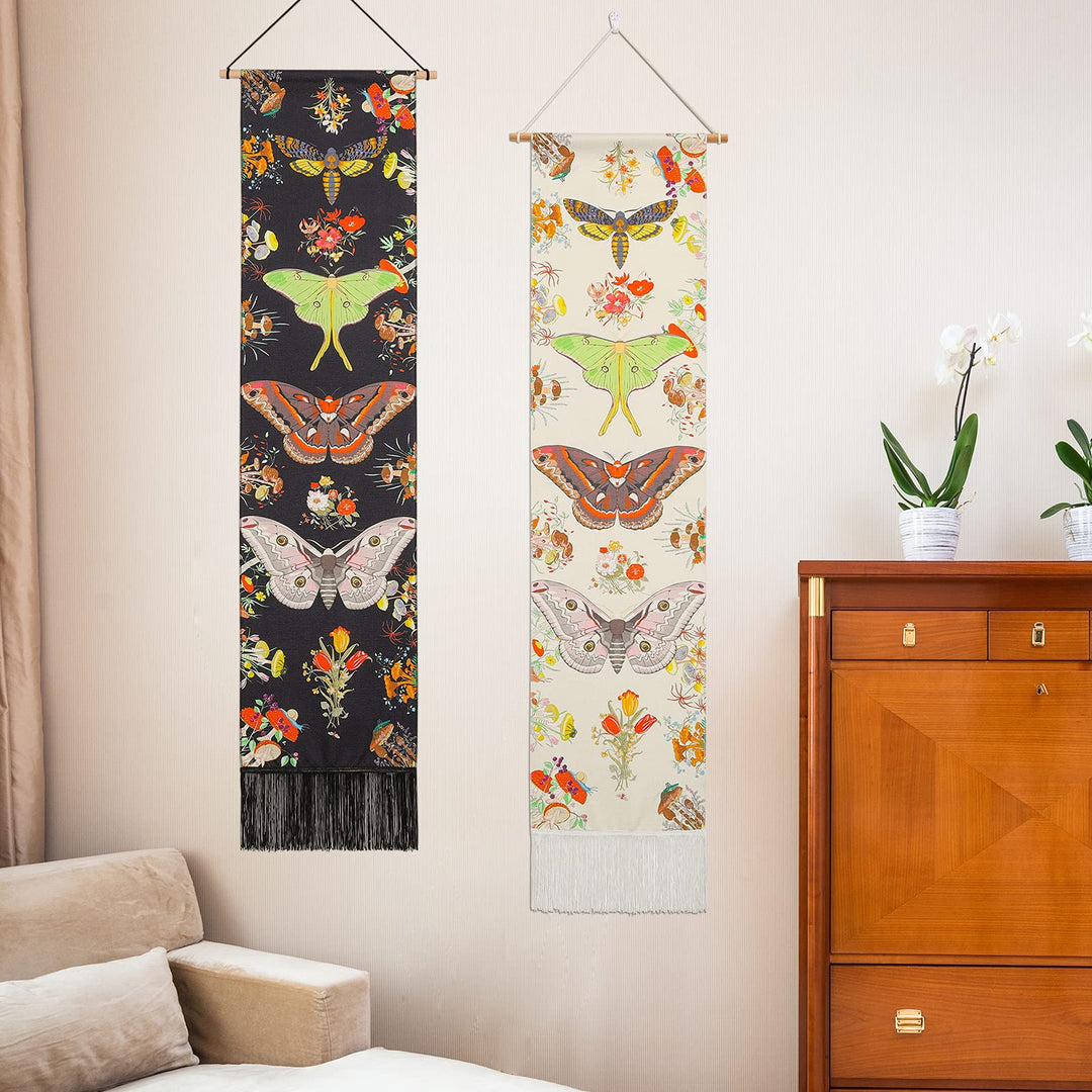 Butterfly and Plant Long Vertical Tapestry - 2 Pcs Small Wall Hanging Flower Tapestry for Bedroom Living Room Aesthetic Decor(Black and Beige,13.8 x 55.1)