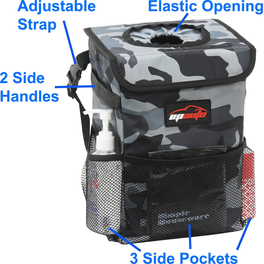 Waterproof Car Trash Can with Lid and Storage Pockets, Camouflage Grey