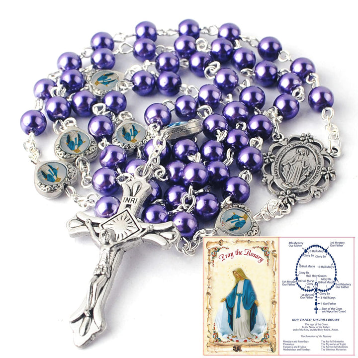 Glass Pearl Beads with Miraculous Epoxy Heart Metal Beads Rosary Necklace pack in Velvet Gift Bag with Rosary Pray Card (Purple)