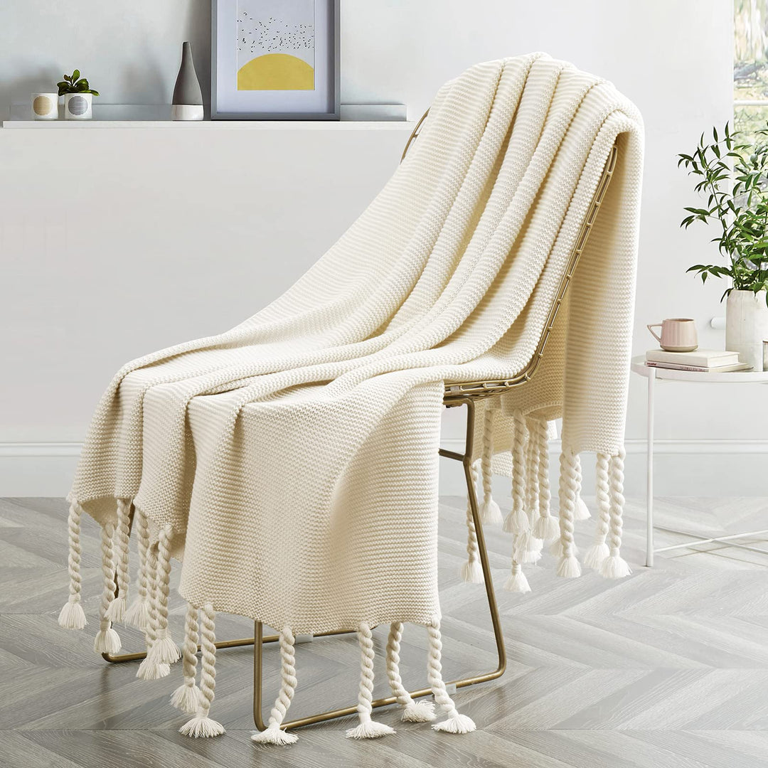 Rust Orange Throw Blanket with Tassels, Knitted Throw Blanket for Couch Bed Sofa, 50 x 60