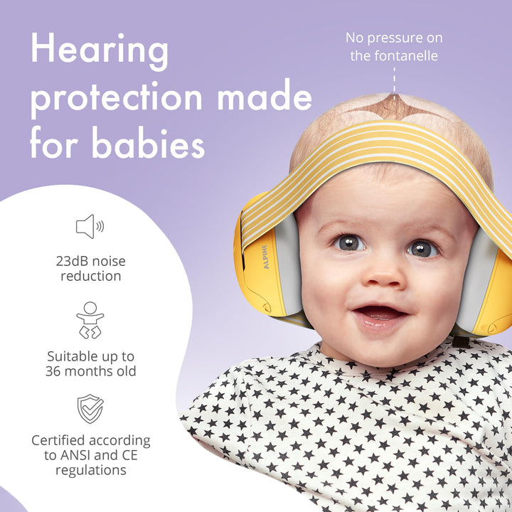 Alpine Muffy Baby Ear Protection for Babies and Toddlers up to 36 Months – Noise Reduction Earmuffs for Toddler and Babies – Comfortable Infant Ear Muffs Prevent Hearing Damage & Improve Sleep, Yellow
