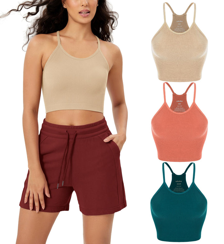 ODODOS Women's 2 Pack Seamless Tank Tops Racerback Ribbed Sleeveless Crop Top, Beige Brown, Medium/Large