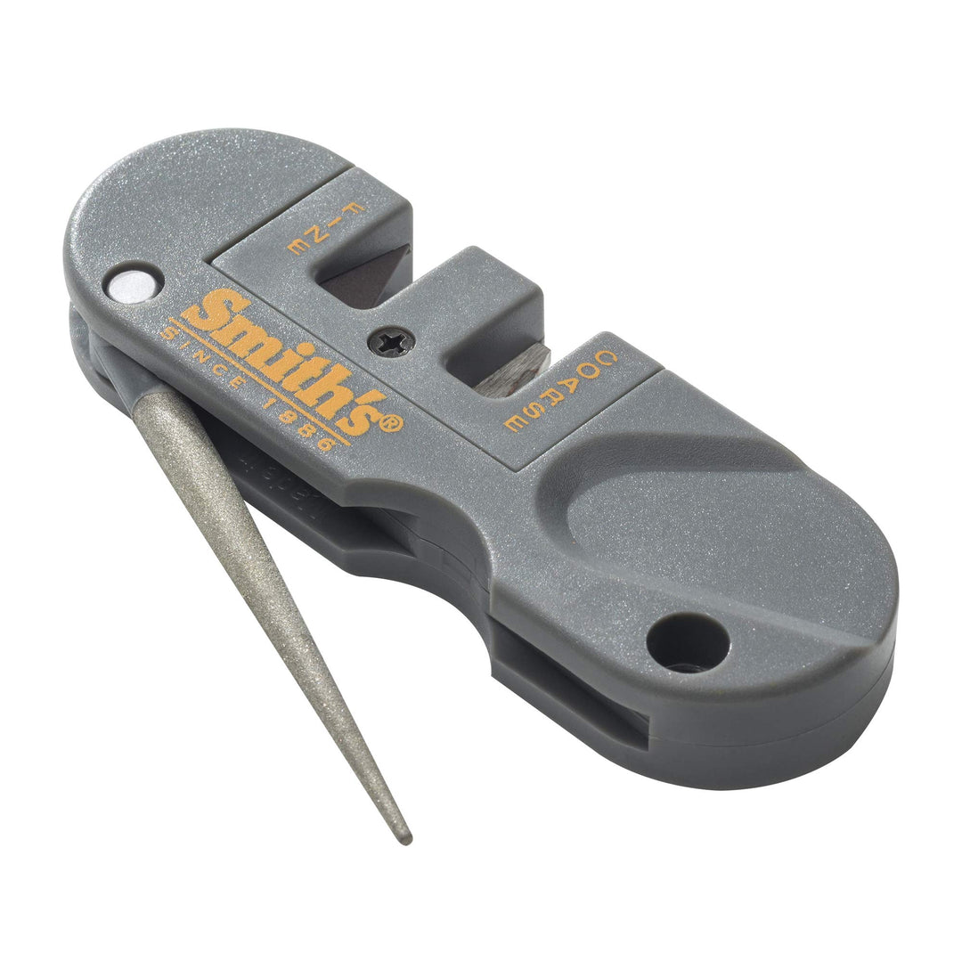 Smith&#39;s PP1 Pocket Pal Knife Sharpener Preset Carbide &amp; Ceramic Stone Sharpeners Fold-Out Diamond Coated Rod Outdoor Hunting Knife &amp; Hook Sharpener, Handheld, Compact, Lightweight, Multiuse