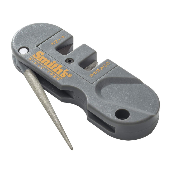Smith&#39;s PP1 Pocket Pal Knife Sharpener Preset Carbide &amp; Ceramic Stone Sharpeners Fold-Out Diamond Coated Rod Outdoor Hunting Knife &amp; Hook Sharpener, Handheld, Compact, Lightweight, Multiuse