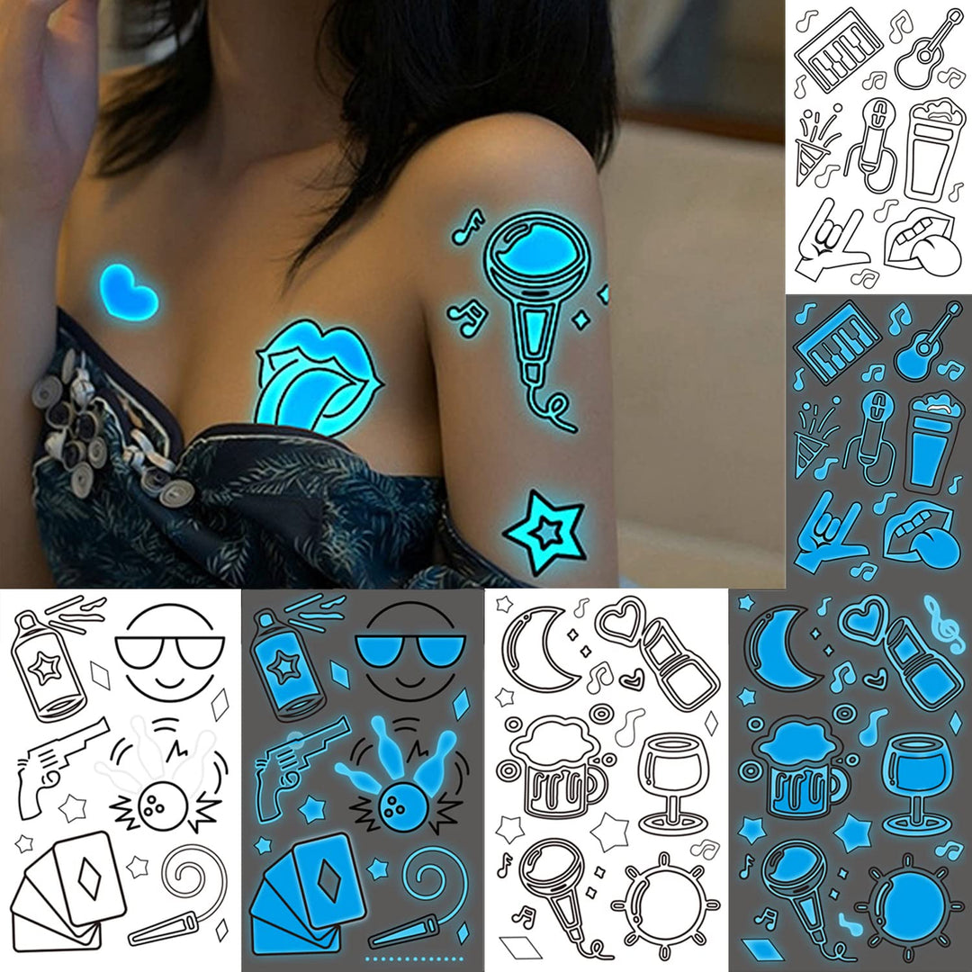 80+ Glow in the Dark Blue Temporary Tattoos for Adults, Mixed Style Tattoo, Luminous Pub Music Sexy Holiday Guns Fake Tattoo, Men Women Party Favor Supplies