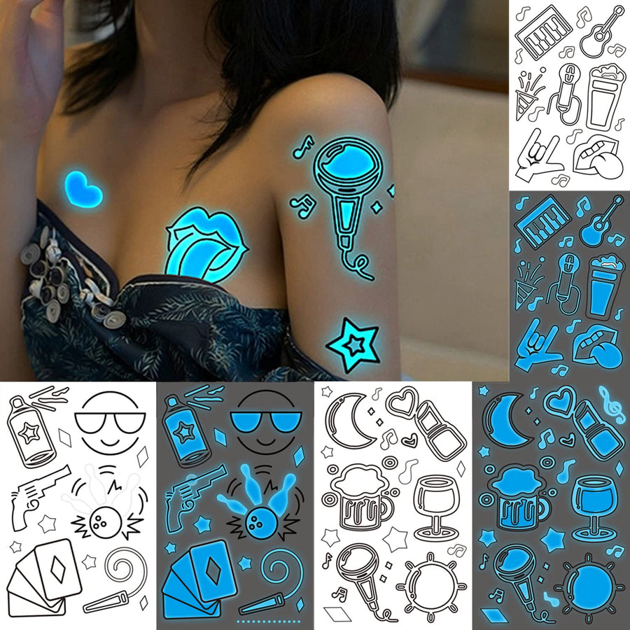 80+ Glow in the Dark Blue Temporary Tattoos for Adults, Mixed Style Tattoo, Luminous Pub Music Sexy Holiday Guns Fake Tattoo, Men Women Party Favor Supplies