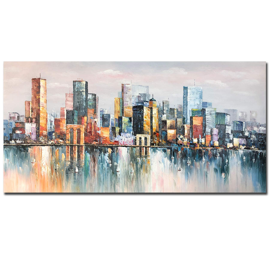 Art,24x48Inch 100% Hand Painted City Skyline Framed Oil Paintings on Canvas Abstract Urban Landscape Artwork Modern Cityscape Wall Art Oil Hand Painting for Dinning Room Office