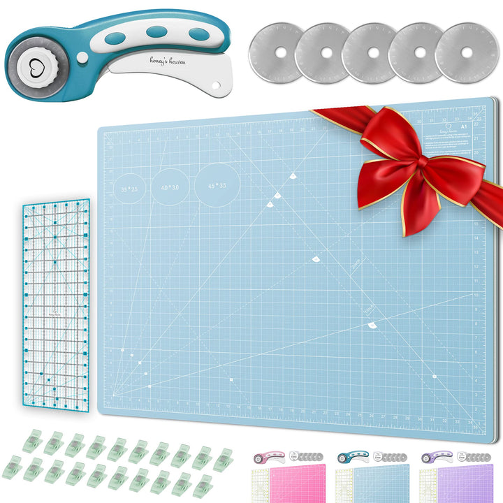 Rotary Cutter Set - Quilting Kit incl. 45mm Fabric Cutter, 5 Replacement Blades - Ideal for Crafting, Sewing, Patchworking, Crochet &amp; Knitting (Turquoise, Cutting Mat Set (36 x 24))