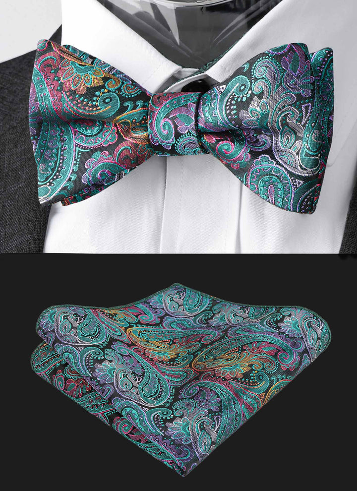 Men&#39;s Retro Paisley Self-Tie Bow Tie and Handkerchief Set (Peacock Blue)