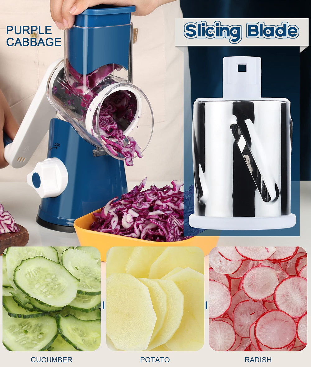 Rotary Cheese Grater Hand Crank, Kitchen Shredder Speed Mandolin Slicer Nut Grinder with Handle and Drum Blades for Cheese, Vegetable, Walnut, Chocolate, Potato, Carrot, 3 Blades, Dark Blue