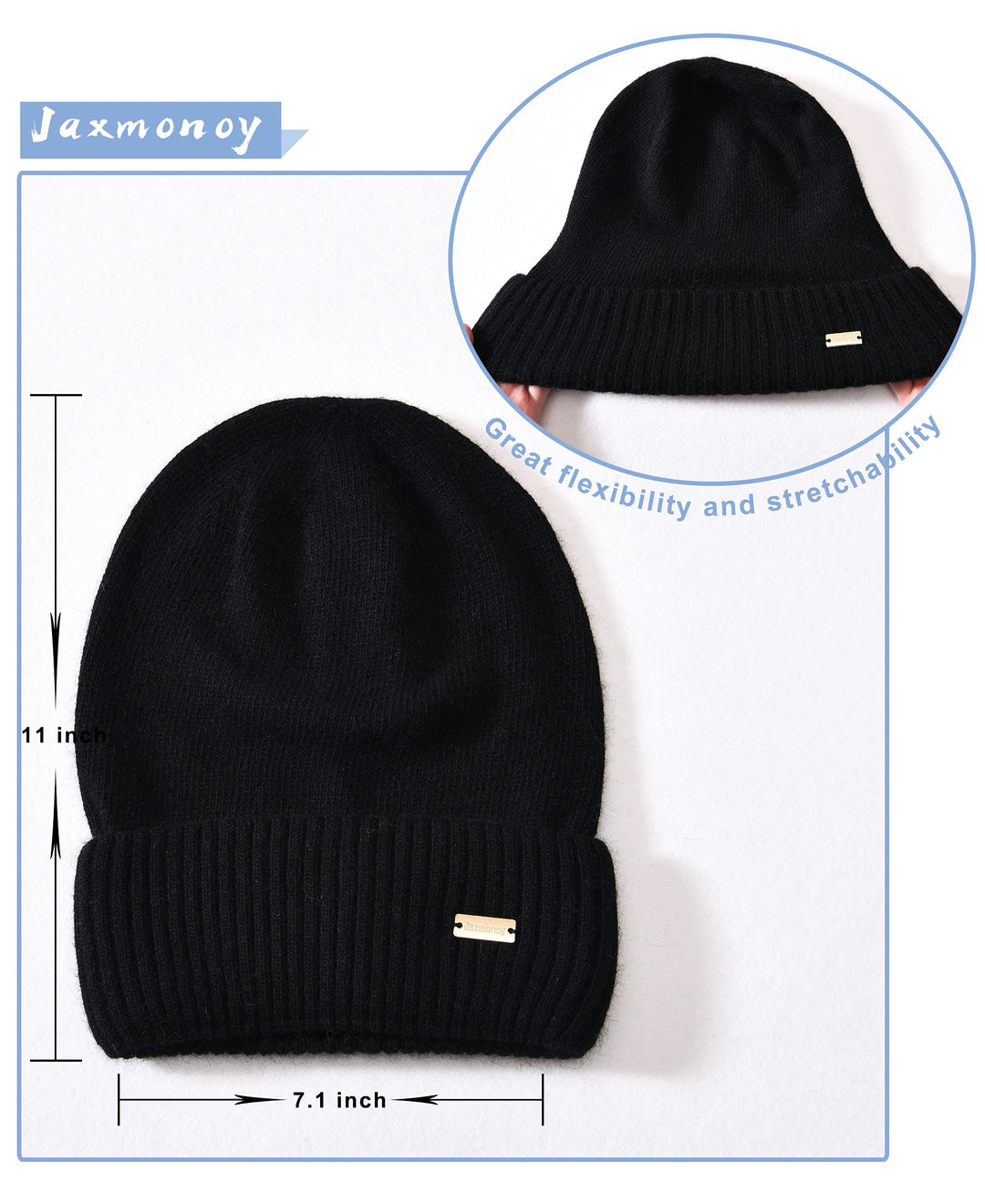 Cashmere Slouchy Beanies for Women Winter Lightweight Girls Wool Knit Hat Cuffed Soft Warm Slouch Beanie Cap - New Black