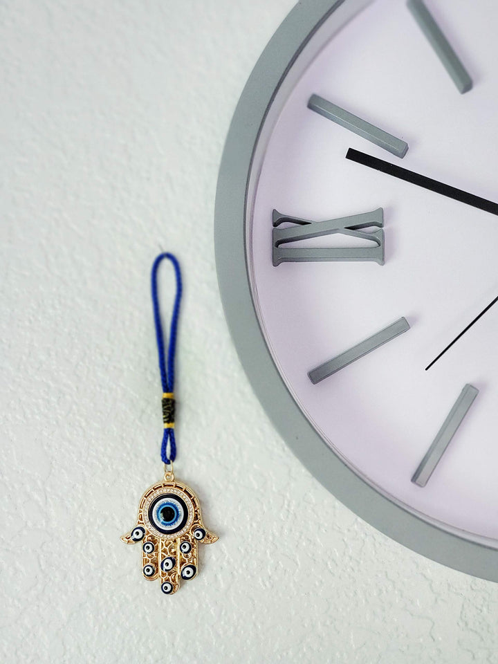 Hamsa Hand Amulet Pendant w/Crystal Rhinestones Blue, White &amp; Black Evil Eye Car Hanging Ornament Rear View Mirror Accessories - Door, Wall, Bag Charms (Gold &amp; Matching Tassel)
