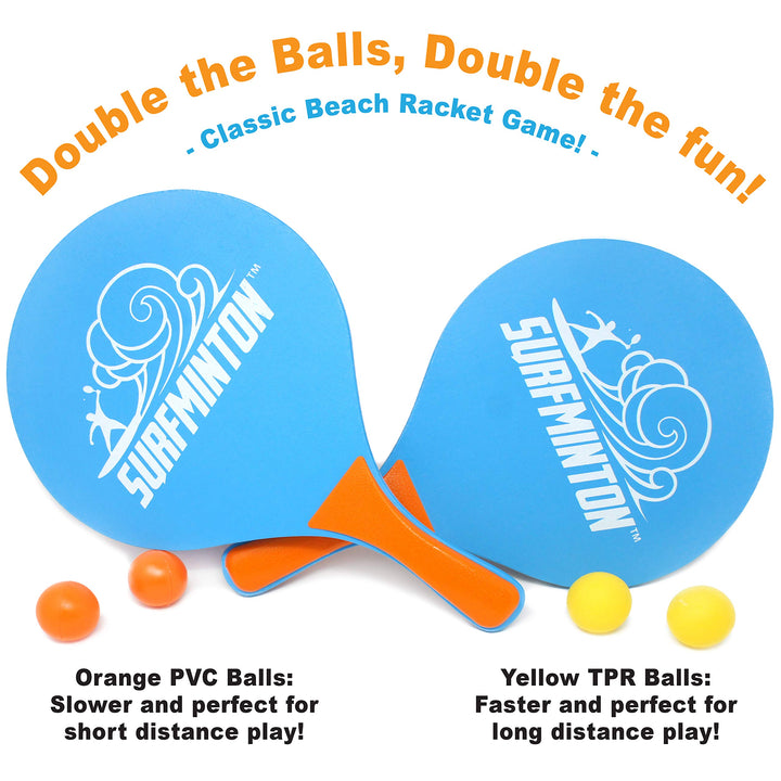 Surfminton Classic Blue and Orange Beach Tennis Wooden Paddle Game Set (4 Balls, 2 Thick Water Resistant Wooden Rackets, 1 Reusable Mesh Bag)