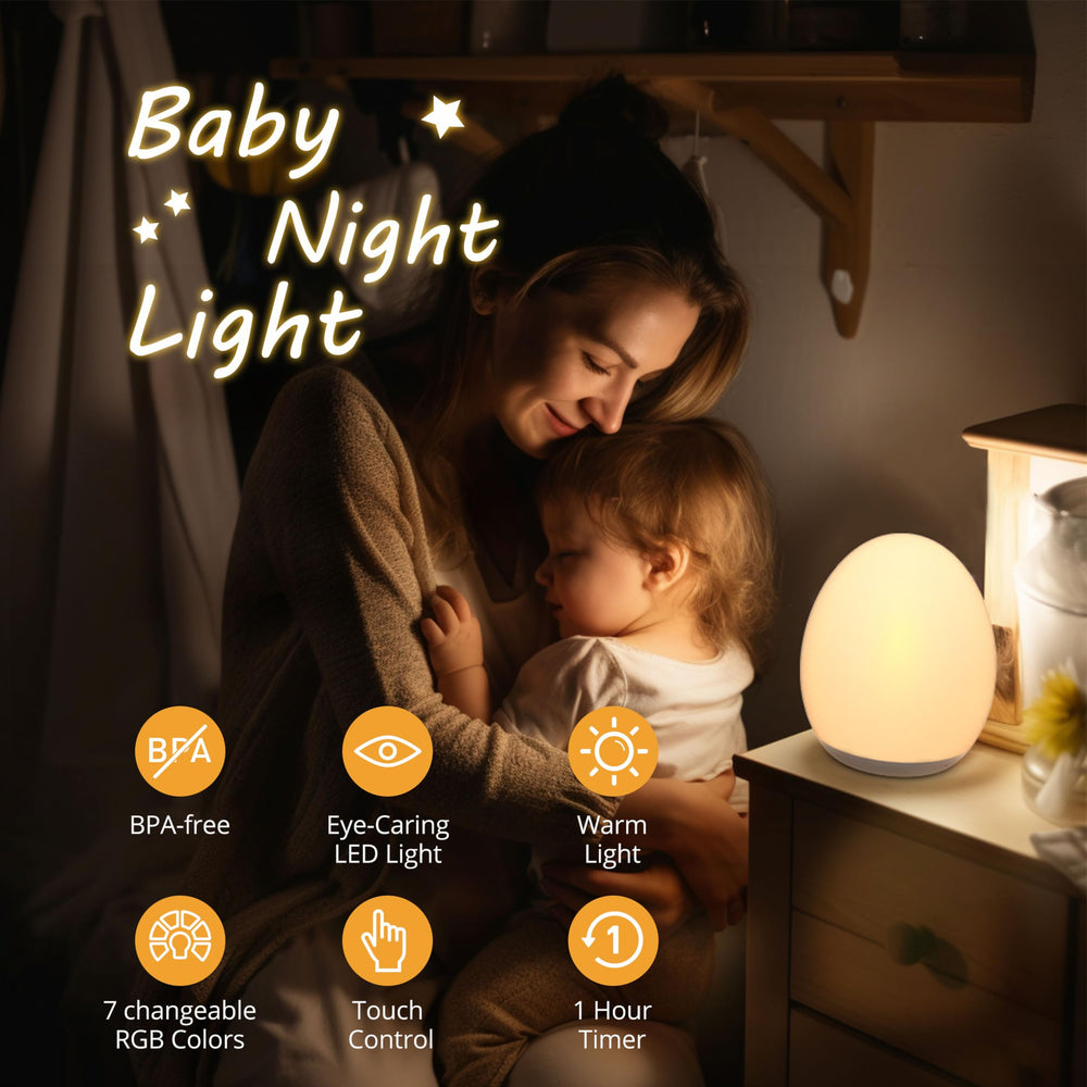 Night Light for Kids, Egg Light for Nursery with 7 RGB Colors Changeable & Stepless Dimming, Rechargeable Tap Light with 1h Timer & Touch Control, Portable Night Light for Babies BPA Free
