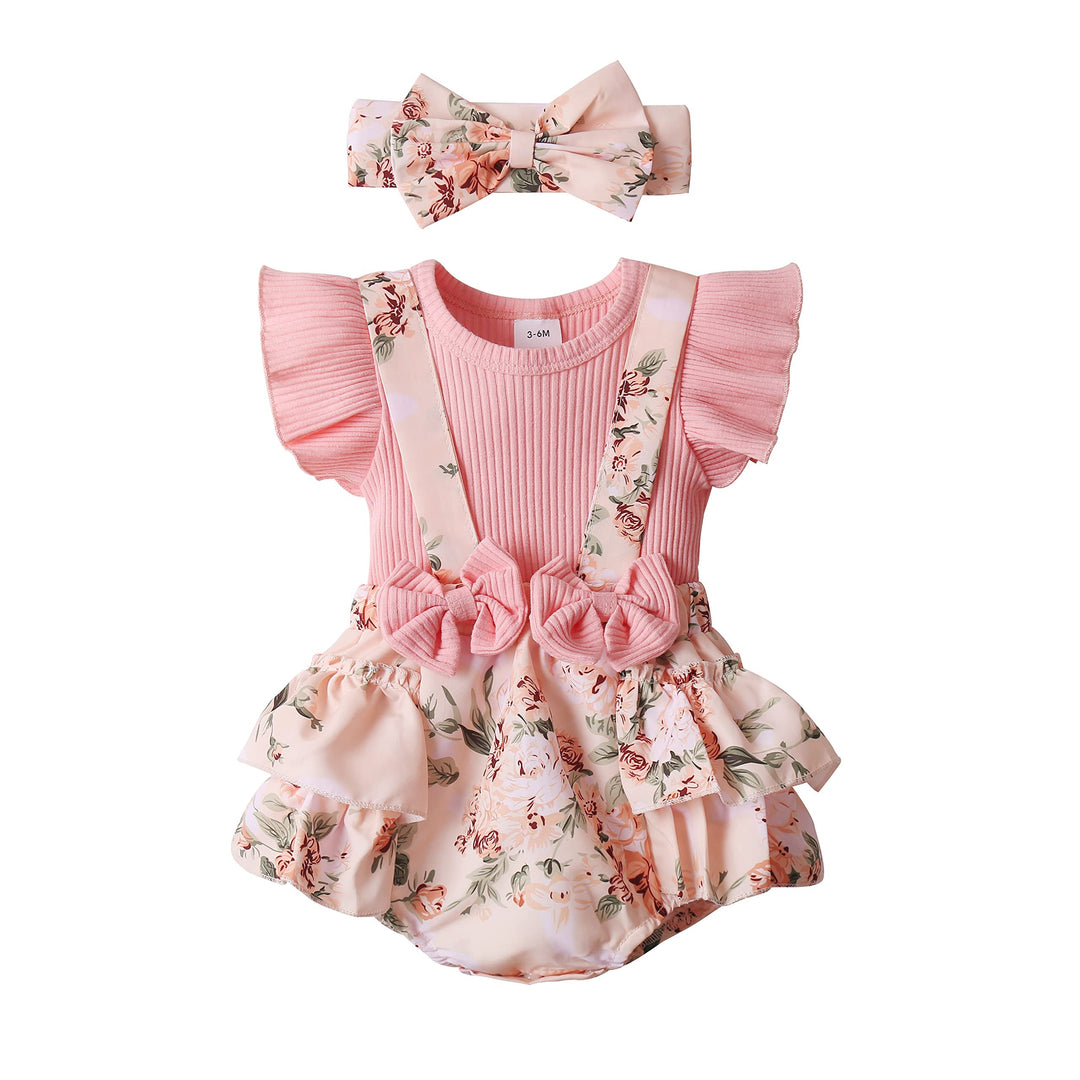 Newborn Baby Girl Clothes Summer Infant Romper Outfit Short Sleeve Suspender Ribbed Shorts Clothing with Headband 0-3 Months